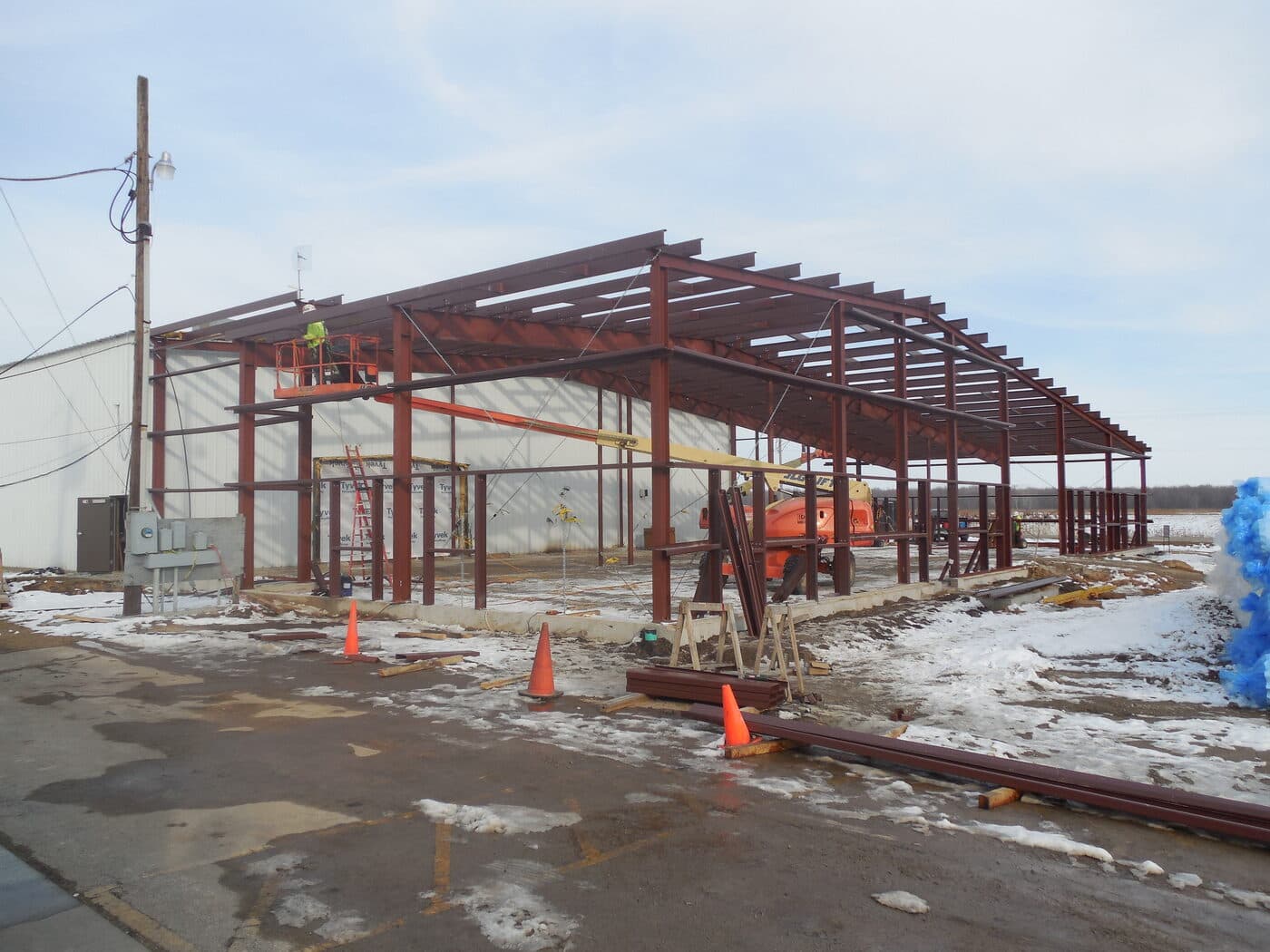 Steel framing going up during the 2012 office expansion at the New Tech Metals facility